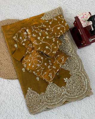 mustard sequin embroidered fandy chiffon saree 1
