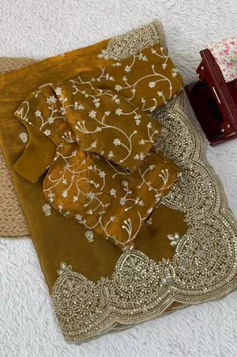 mustard sequin embroidered fandy chiffon saree