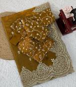 mustard sequin embroidered fandy chiffon saree