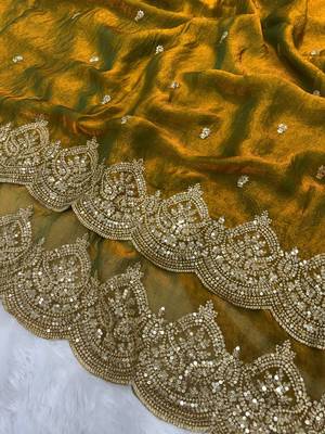 mustard sequin embroidered fandy chiffon saree 2