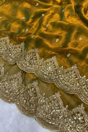 mustard sequin embroidered fandy chiffon saree