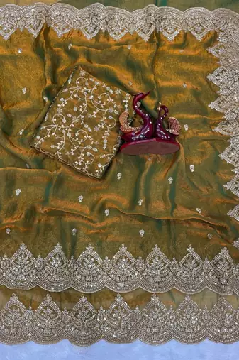 mustard sequin embroidered fandy chiffon saree