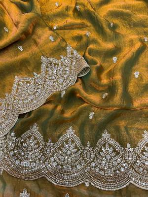 mustard sequin embroidered fandy chiffon saree 4