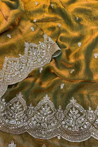 mustard sequin embroidered fandy chiffon saree