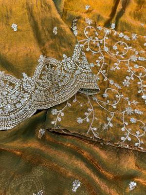 mustard sequin embroidered fandy chiffon saree 5