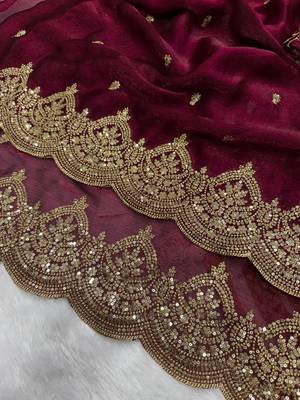 plum sequin embroidered chiffon saree 2