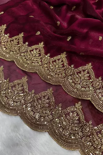 plum sequin embroidered chiffon saree