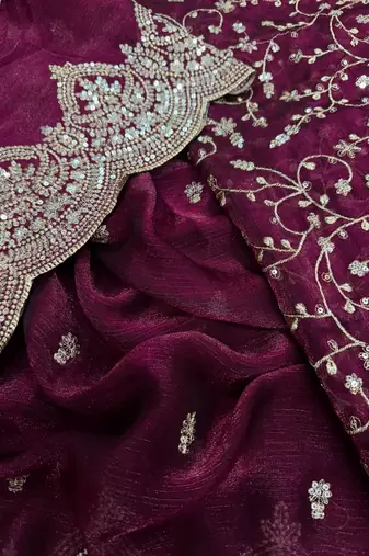 plum sequin embroidered chiffon saree