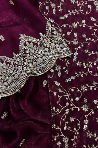 plum sequin embroidered chiffon saree