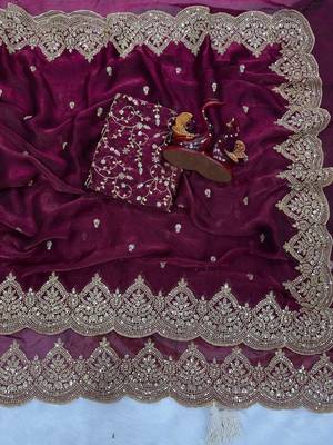 plum sequin embroidered chiffon saree 1