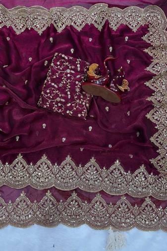 plum sequin embroidered chiffon saree