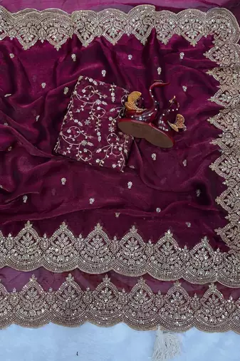 plum sequin embroidered chiffon saree