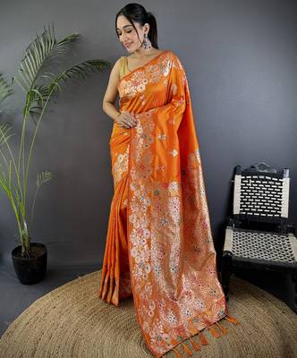 Orange silk blend floral zari weaving meenakari saree with floral border 1