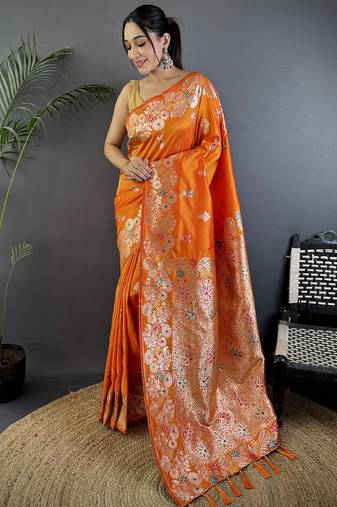 Orange silk blend floral zari weaving meenakari saree with floral border