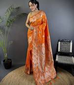 Orange silk blend floral zari weaving meenakari saree with floral border