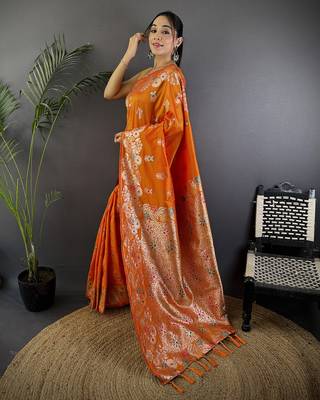 Orange silk blend floral zari weaving meenakari saree with floral border 2