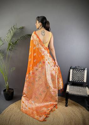Orange silk blend floral zari weaving meenakari saree with floral border 3