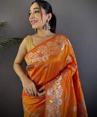 Orange silk blend floral zari weaving meenakari saree with floral border 4