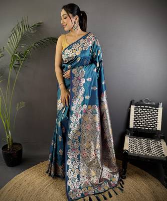 Royal blue silk blend floral zari weaving meenakari saree with floral border 1