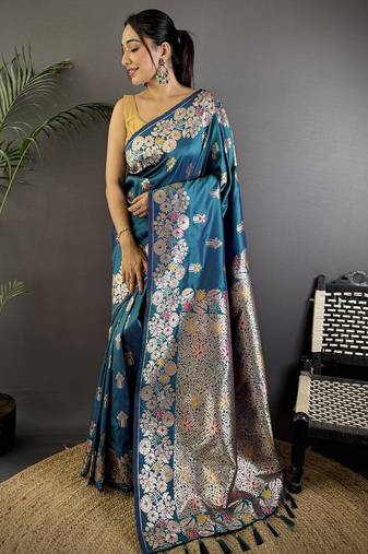 Royal blue silk blend floral zari weaving meenakari saree with floral border