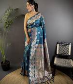 Royal blue silk blend floral zari weaving meenakari saree with floral border