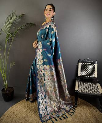 Royal blue silk blend floral zari weaving meenakari saree with floral border 2