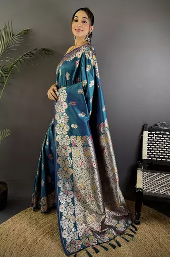 Royal blue silk blend floral zari weaving meenakari saree with floral border