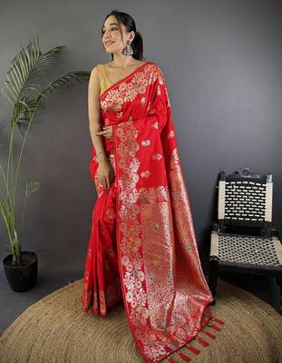 Red silk blend floral zari weaving meenakari saree with floral border 1