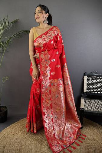 Red silk blend floral zari weaving meenakari saree with floral border