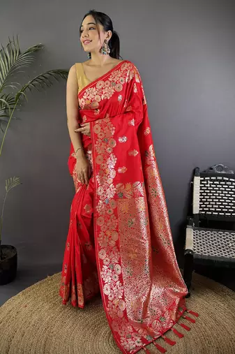 Red silk blend floral zari weaving meenakari saree with floral border