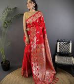 Red silk blend floral zari weaving meenakari saree with floral border