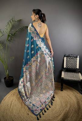 Royal blue silk blend floral zari weaving meenakari saree with floral border 3