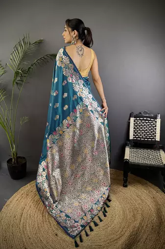 Royal blue silk blend floral zari weaving meenakari saree with floral border