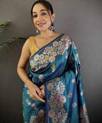 Royal blue silk blend floral zari weaving meenakari saree with floral border 4