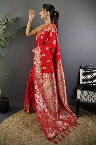 Red silk blend floral zari weaving meenakari saree with floral border