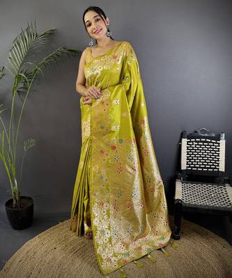 Lime green silk blend floral zari weaving meenakari saree with floral border 1