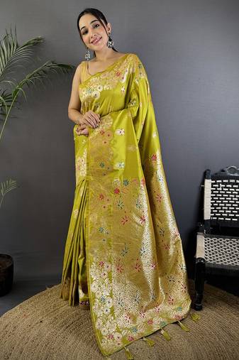 Lime green silk blend floral zari weaving meenakari saree with floral border