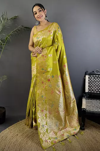 Lime green silk blend floral zari weaving meenakari saree with floral border