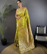 Lime green silk blend floral zari weaving meenakari saree with floral border