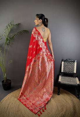 Red silk blend floral zari weaving meenakari saree with floral border 3