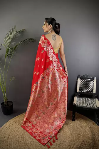 Red silk blend floral zari weaving meenakari saree with floral border