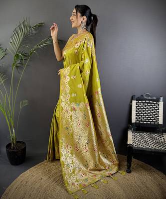 Lime green silk blend floral zari weaving meenakari saree with floral border 2