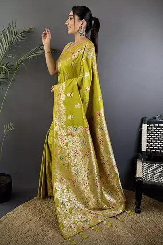 Lime green silk blend floral zari weaving meenakari saree with floral border