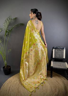 Lime green silk blend floral zari weaving meenakari saree with floral border 3