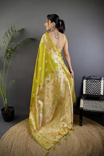 Lime green silk blend floral zari weaving meenakari saree with floral border