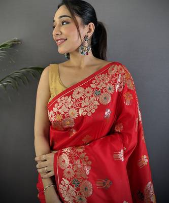 Red silk blend floral zari weaving meenakari saree with floral border 4
