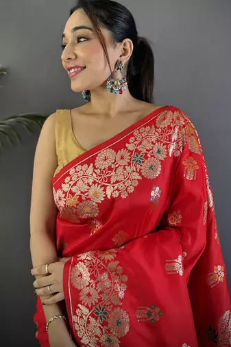 Red silk blend floral zari weaving meenakari saree with floral border