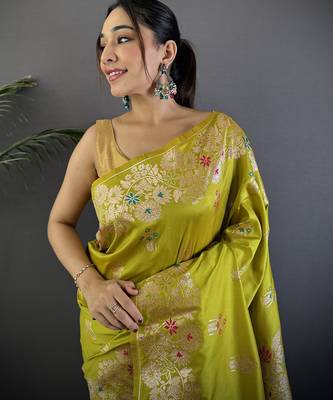 Lime green silk blend floral zari weaving meenakari saree with floral border 4