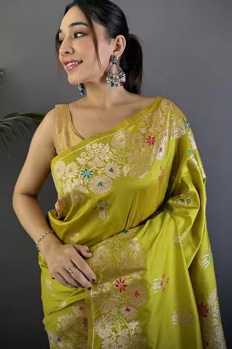Lime green silk blend floral zari weaving meenakari saree with floral border