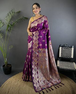 Magenta silk blend floral zari weaving meenakari saree with floral border 1